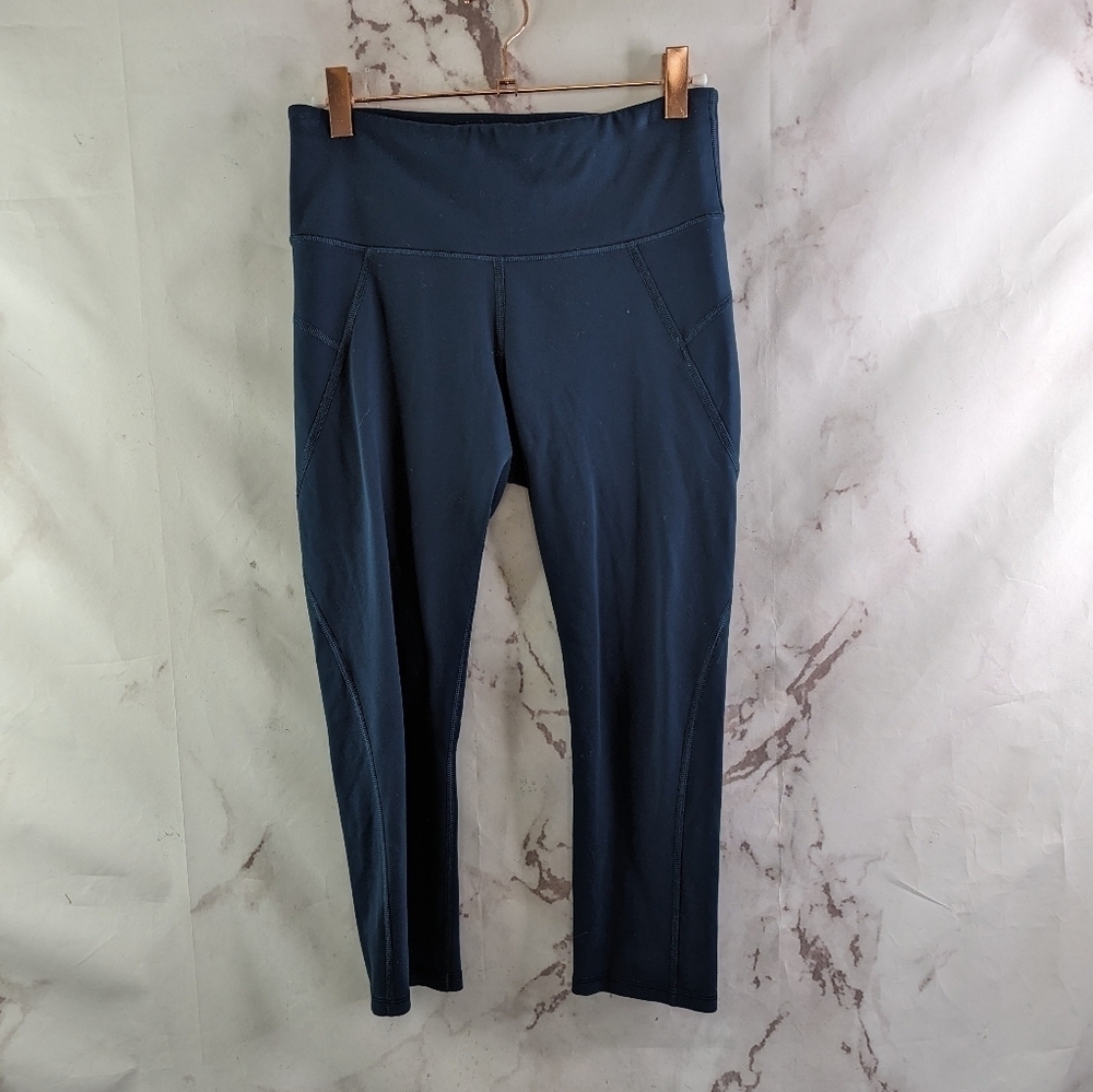 Athleta Leggings Womens Small Blue Crop Capri Mid Rise Stealth Reflective Navy